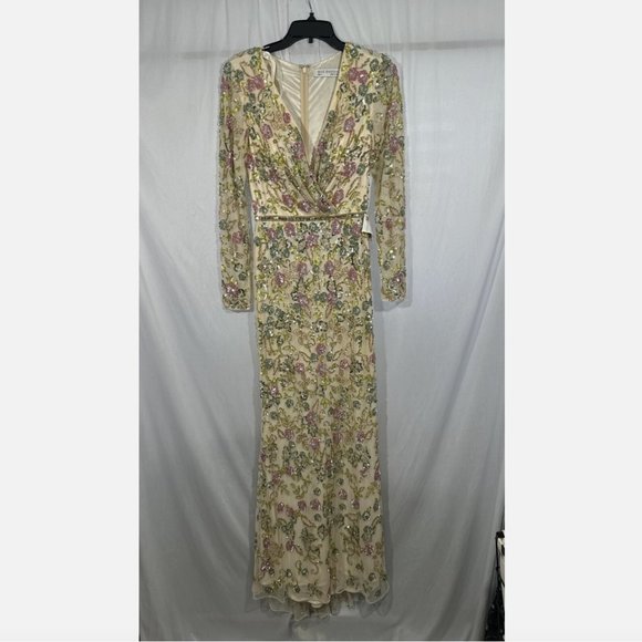 NWT $698 Mac Duggal [ 4 ] Long Sleeve Floral Embellished Gown in Nude Mult #Q633 - Picture 8 of 15